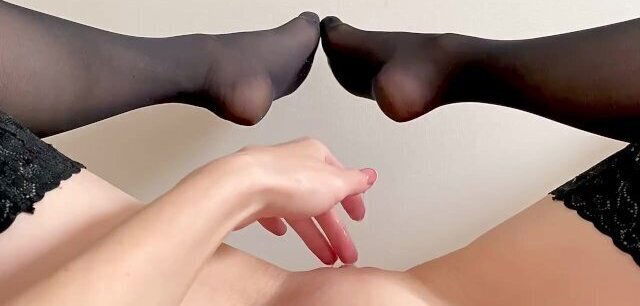 Rubbing pussy with stockings feet. Creamy dripping orgasm