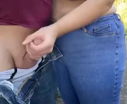 BBW Milf give husband a hand job out on a walk