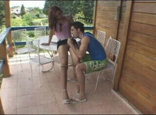 Miniskirt tgirl creams on her dude's chest