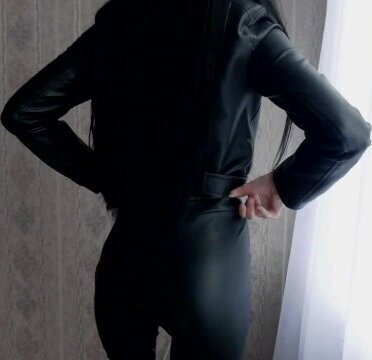 Petite wife leather clothes showing body