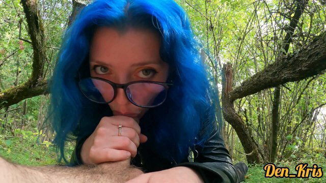 cutie glasses with blue hair fucks gives good blowjob woods