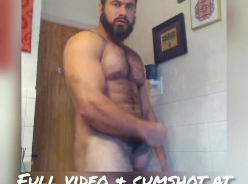 Hot Hairy Muscle Daddy Stripping posing nude and jerking off in bathroom