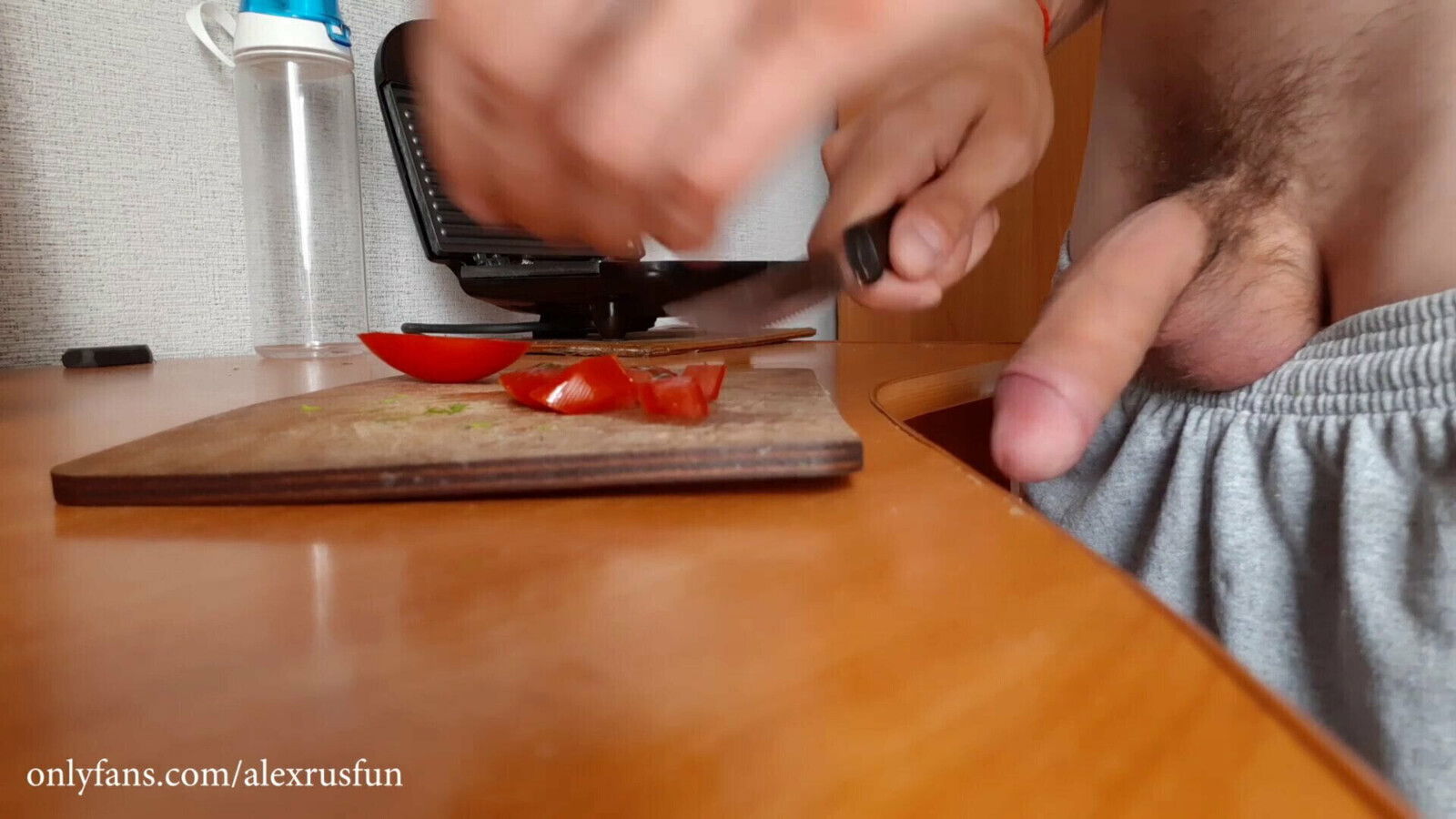 Horny Russian with dick cooks breakfast naked