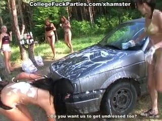 Topless college chicks erotically wash picnic