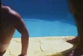 Vintage pool boy and sunbather