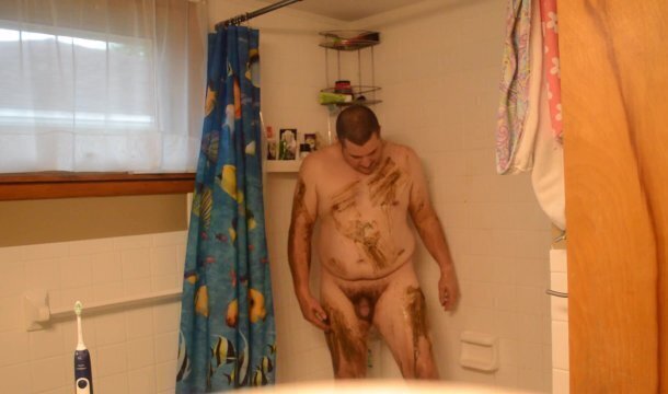 Getting cleaned shower after getting very muddy dirty