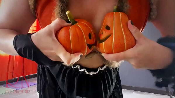 HALLOWEEN Witch sexy suit. Red-haired witch with pumpkins broom. Regina Noir