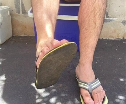 Worn flip flops thongs slapping against naked male soles feels nice MANLY FOOT
