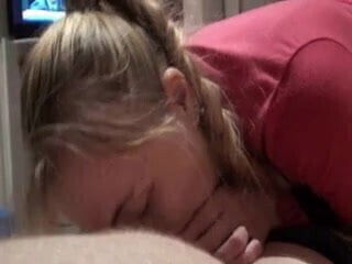 Blonde cutie sucks him off POV