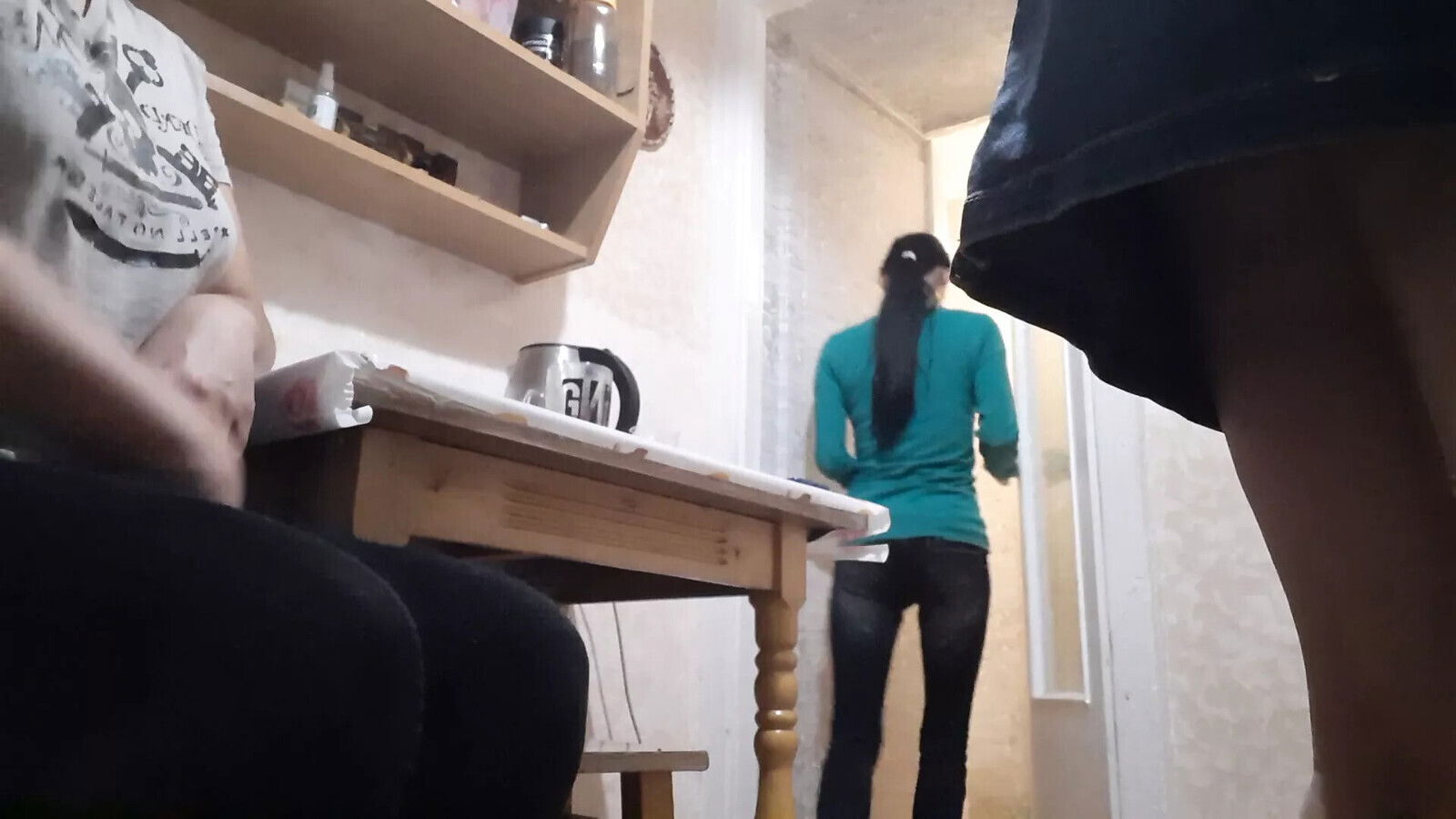 Quick risky with girl while stepmother cooking