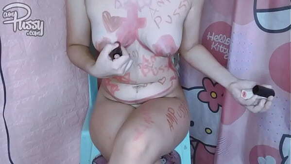 Asian girl drawing naked body with lipstick