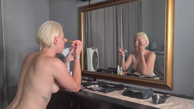 Sexy blonde doing makeup naked front mirror sexy posing