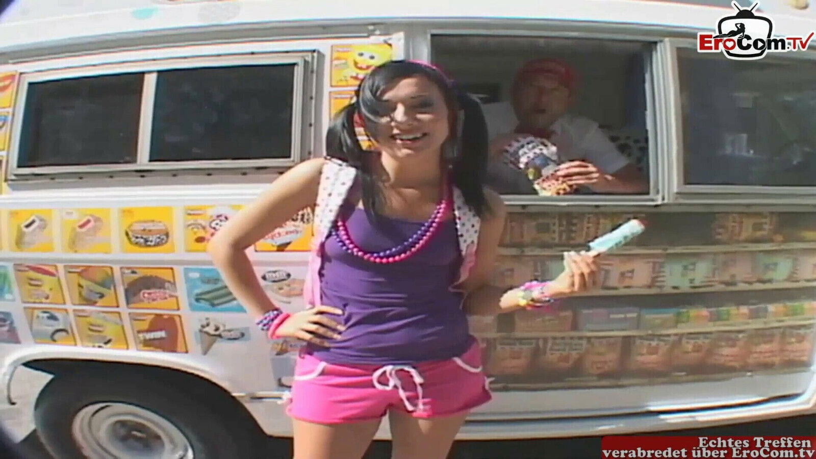 Small teen girl with rollerblades pick