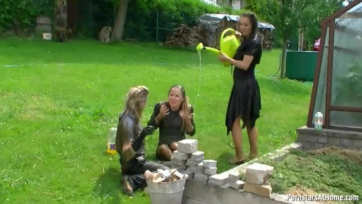 Three Beauties Make Mess Themselves Backyard