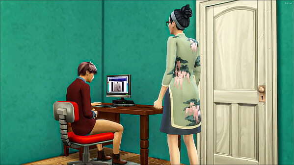 catches again masturbating room watching porn movie front computer decided help having with Asian