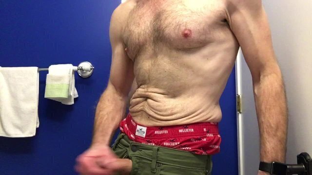 Shirtless jerk-off bathroom, wearing Hollister boxers, verbal