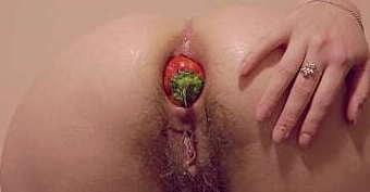 Best Extreme Vegetable Insertion! Doggy style brunette fucks hairy asshole shows gaping booty. Homemade fetish kitchen.