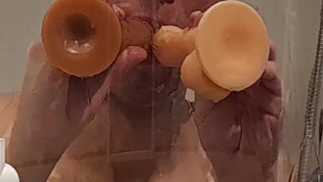 cheating husband threesome with white stranger under shower dildo tryout