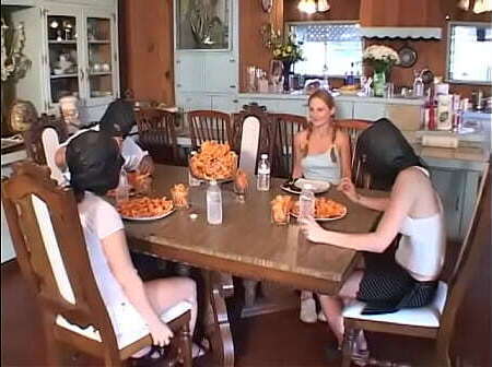 Young babysitter with funny pigtails gets party country house participates group