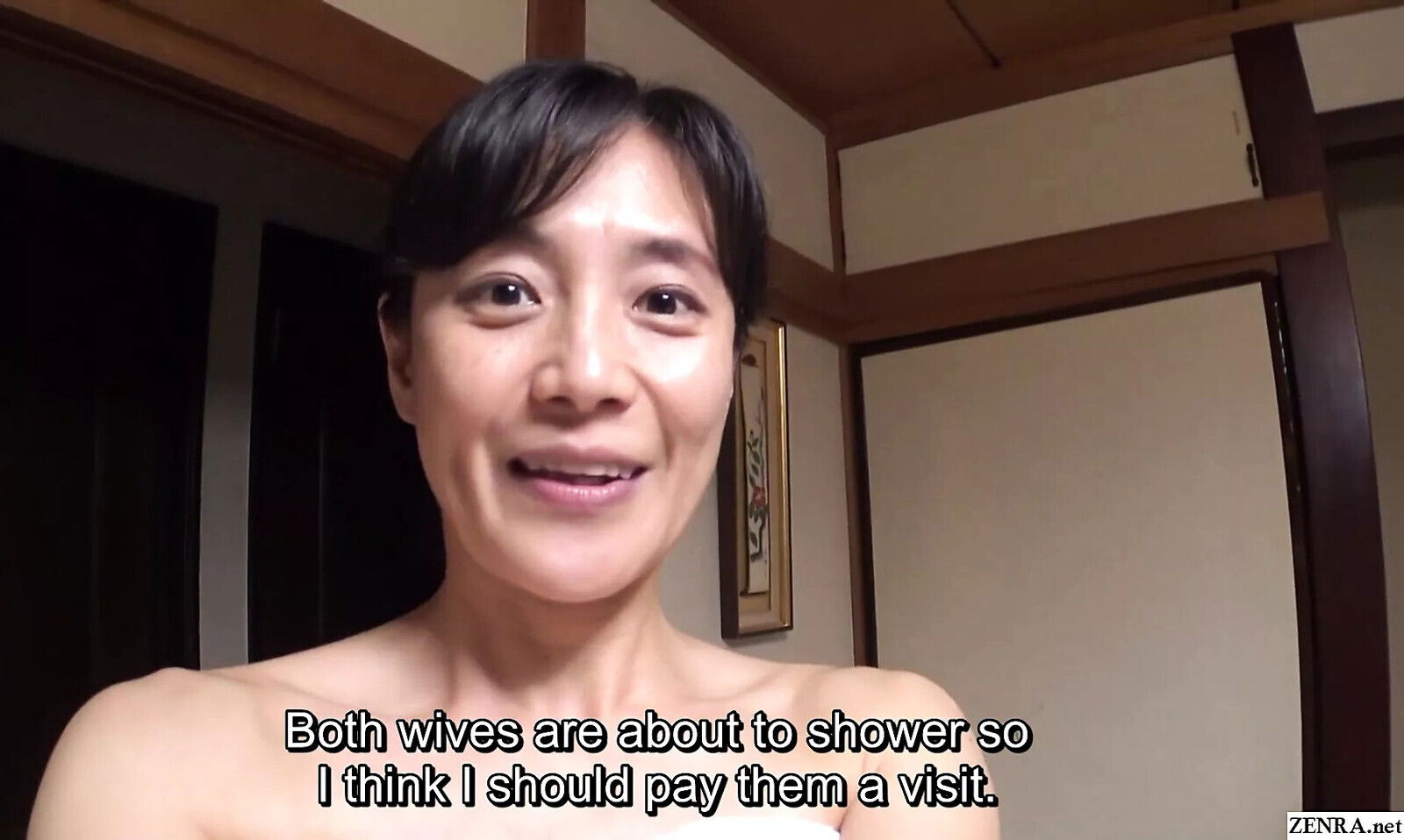 Japanese MILF visits busty cheating wife help shower