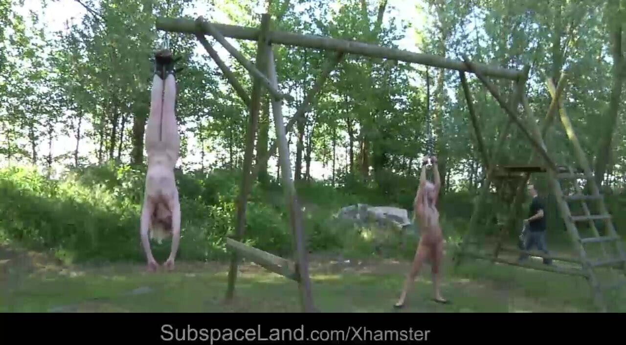 Helpless blonde teens bound for double perversion