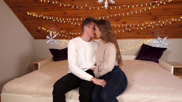 Romantic Christmas sex tender brunette Mary Rock and her boyfriend in a hotel room