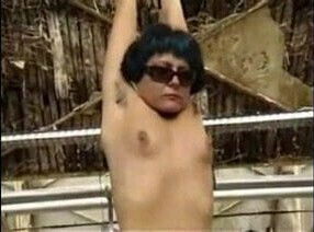 Arms suspended from ceiling flogging