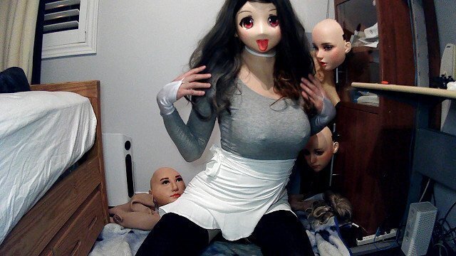 Emily's Masks Pt1! Female mask Emily puts kigurumi mask Celli starts play with herself