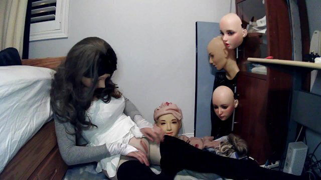 Emily's Masks Pt2! Doll masked Celli plays with rubber self tight white dress!