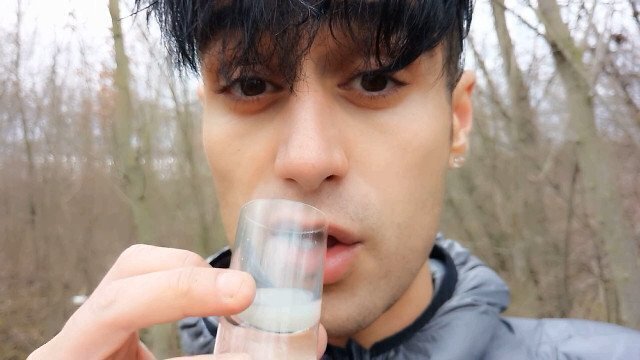 Making drink from filled condoms after fucked public jerk after eating