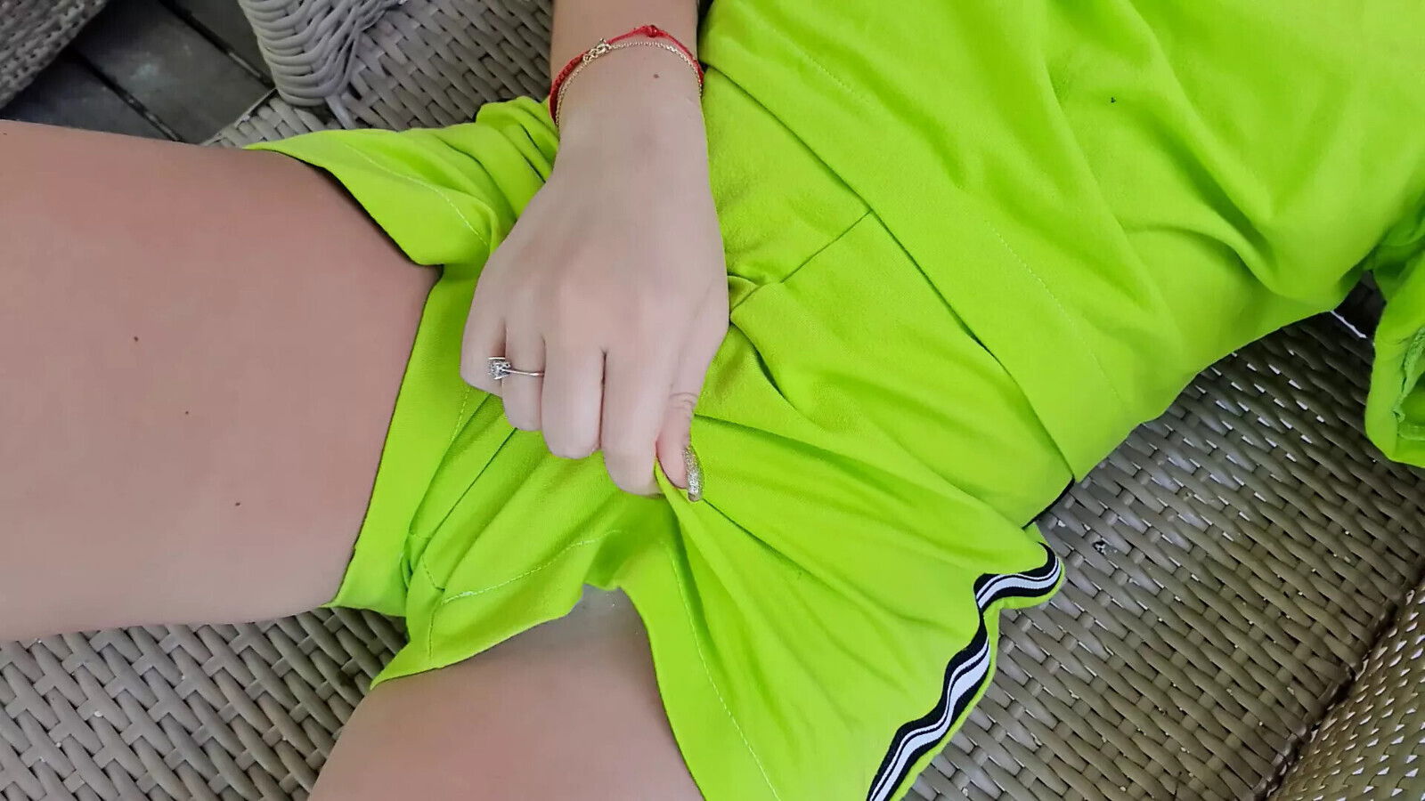 Showing shaved pussy outdoors horny girl