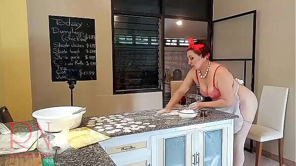 Nudist housekeeper Regina Noir cooking kitchen. Naked maid makes dumplings. Naked cooks. camera. Part