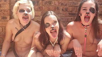 Three naked panting whores constantly drooling they stick their tongues lick smell each other
