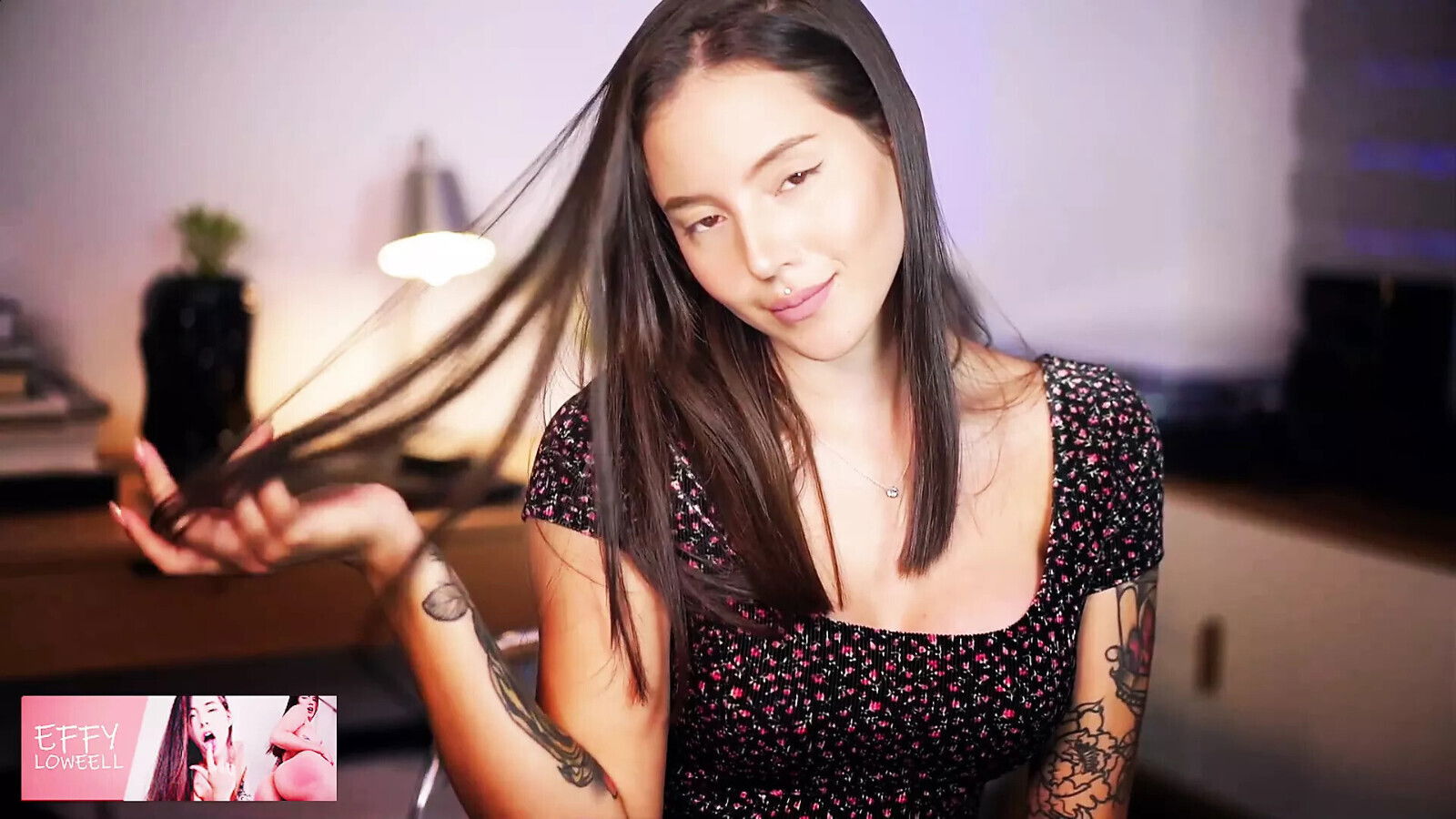 Sexy Internet Goddess Effy seduces with great body black dress with flowers