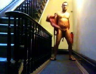 Gay exhibtionist jerking and cumming on the hallway again