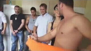 Cute young babe gangbanged and creampied on a table