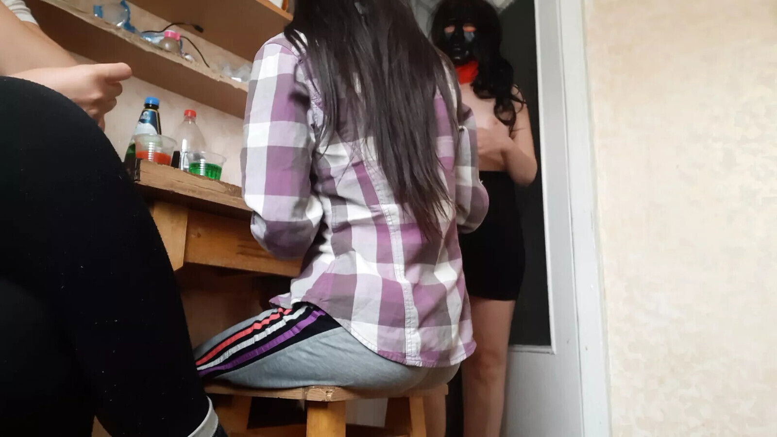 Threesome kitchen with Russian conversation Lesbian-illusion