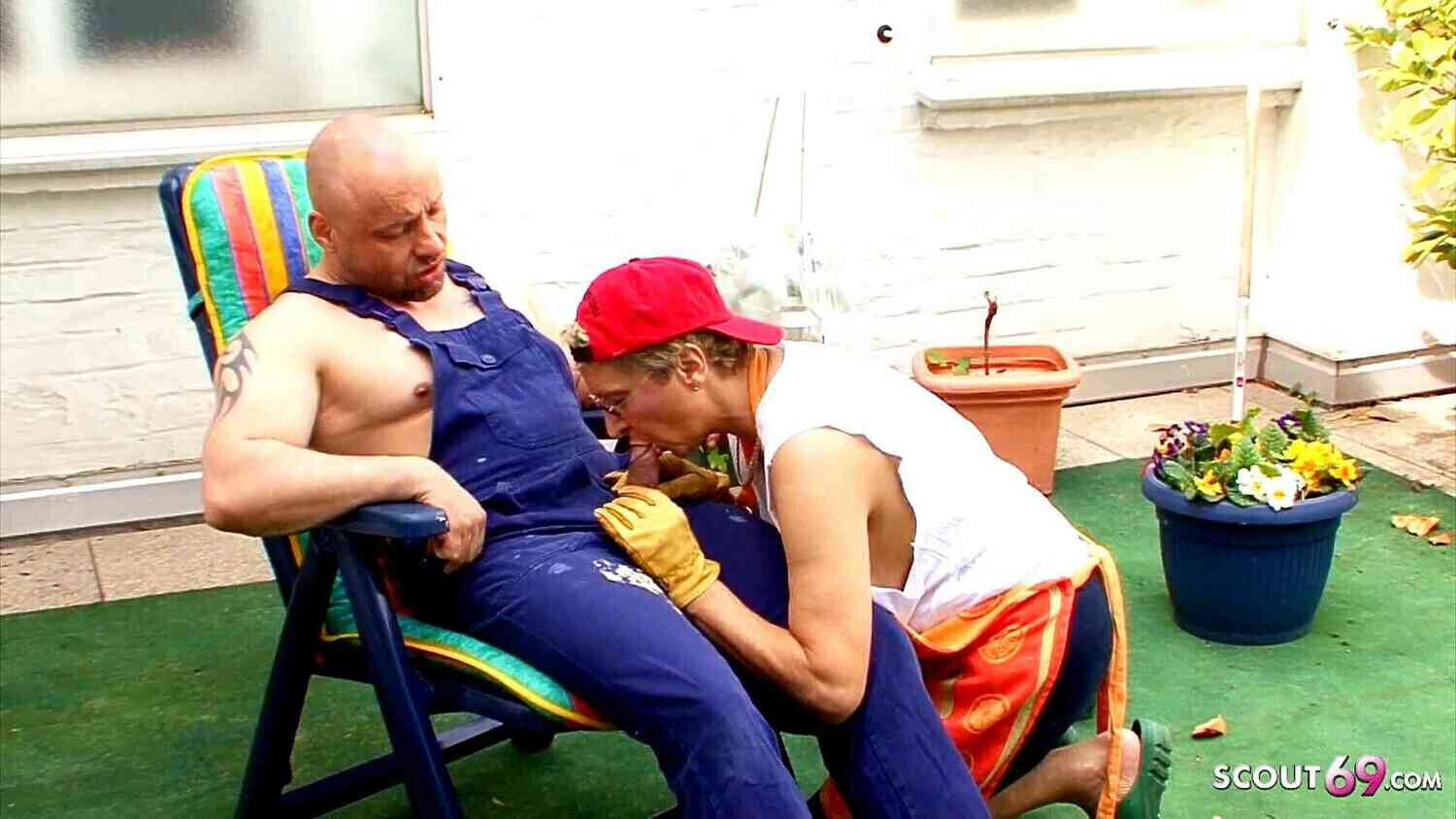 German Grandma with Huge Boobs Seduced Fuck Garden