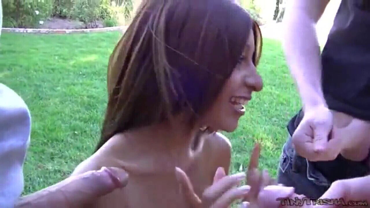 Tiny Trisha blowbang teen sucks off dicks