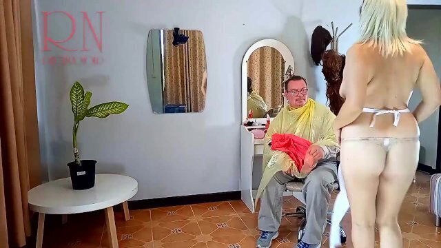 Do you want me to cut your hair? Stylist's client. Naked hairdresser. Nudism 11