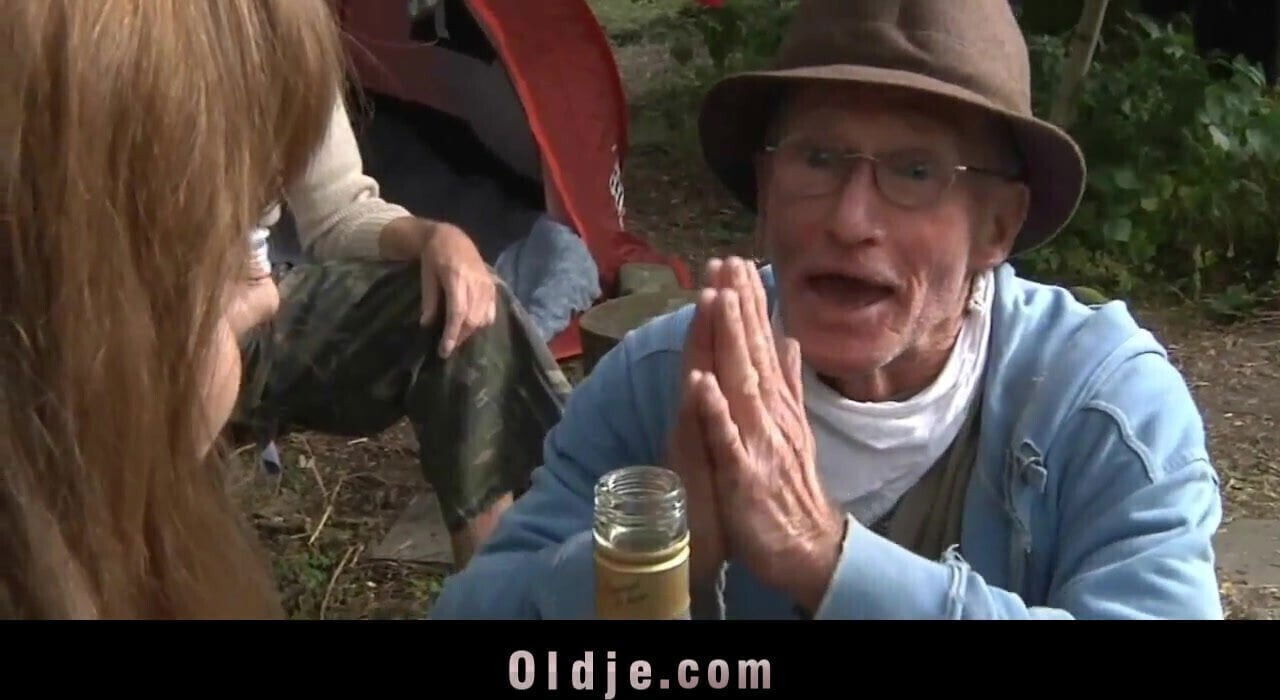 2 Old vagabonds fucking young girl in the woods 