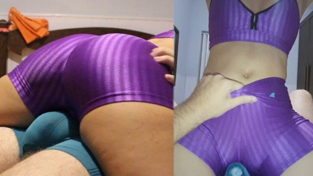 Leggings camel hump till underwear, shiny spandex assjob/pussyjob