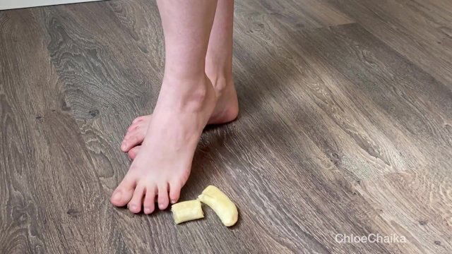 crush banana loudly with feet scream ecstasy