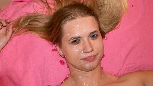 Blonde gets massive facial load after harsh condom