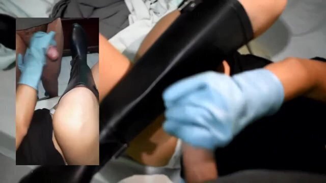 Mistress milking slave´s wellies boots with rubber latex blue gloves CUMSHOT