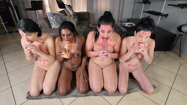 Four sluts with degrading body writing doing stupid things face spitting exercising