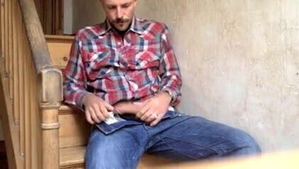 Handsome jerking eating sperm