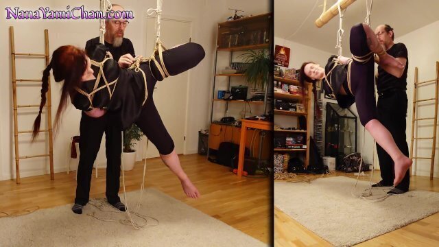 Shibari girl side suspension crotch rope, spanking bastinado