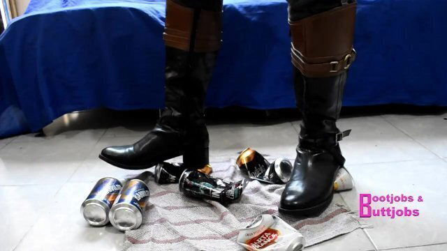 Crushing beer cans with Riding leather Boots kicking