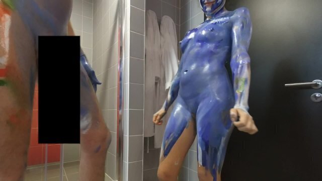Painted tinder girl before hard fuck bathroom